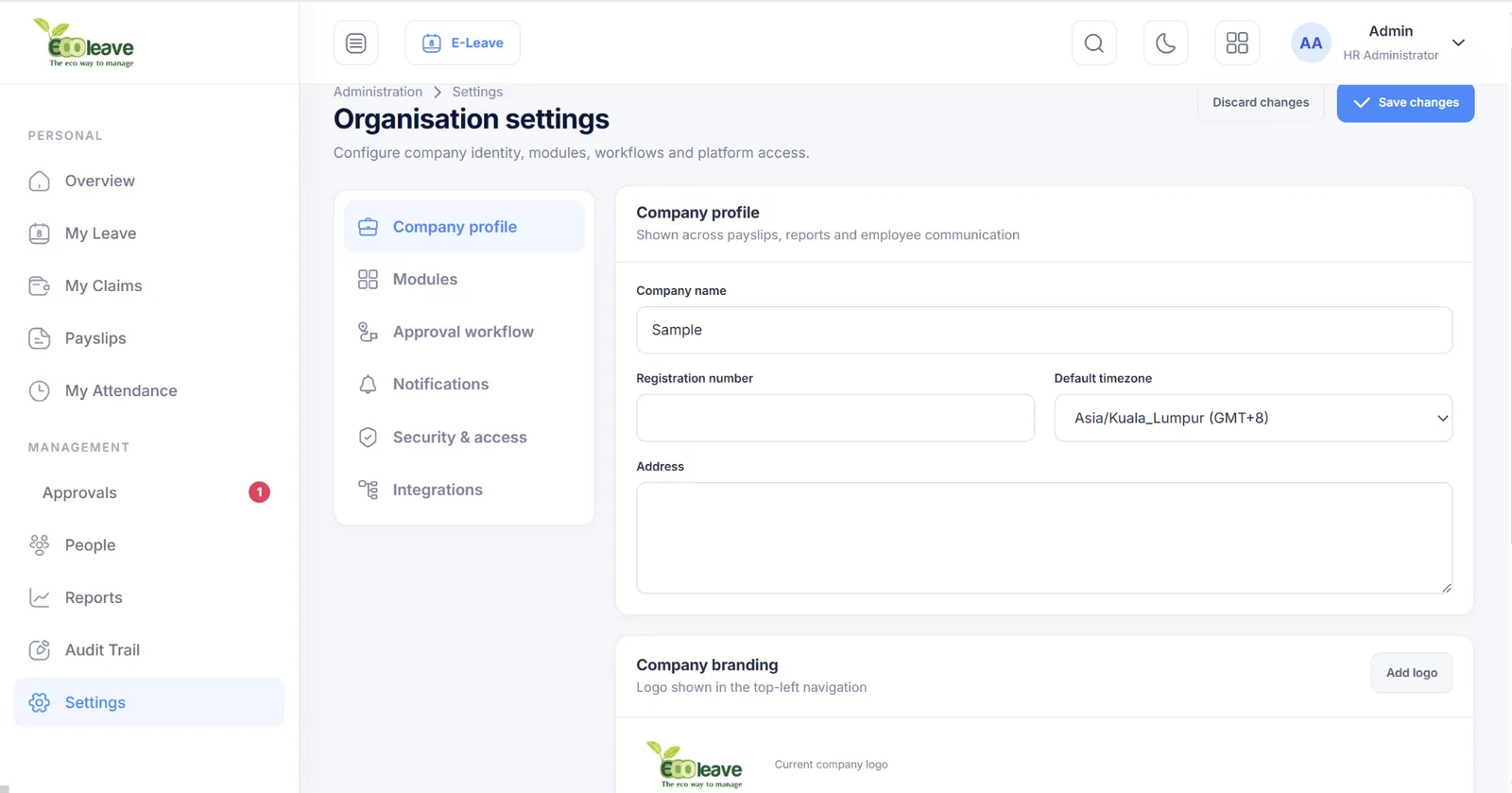 Ecoleave V8 company profile settings